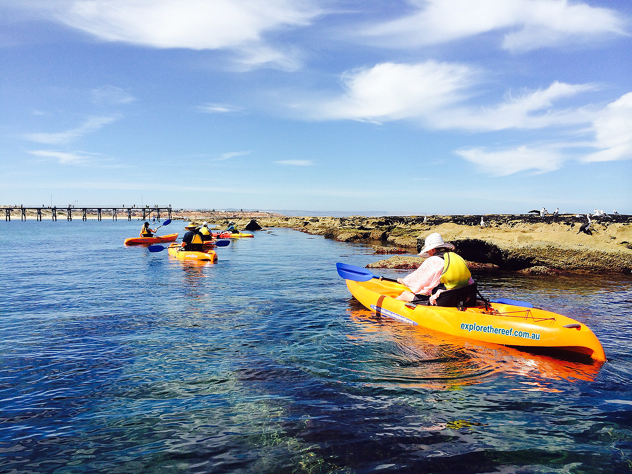 Kayakers exploring Port Noarlunga Reef near the jetty